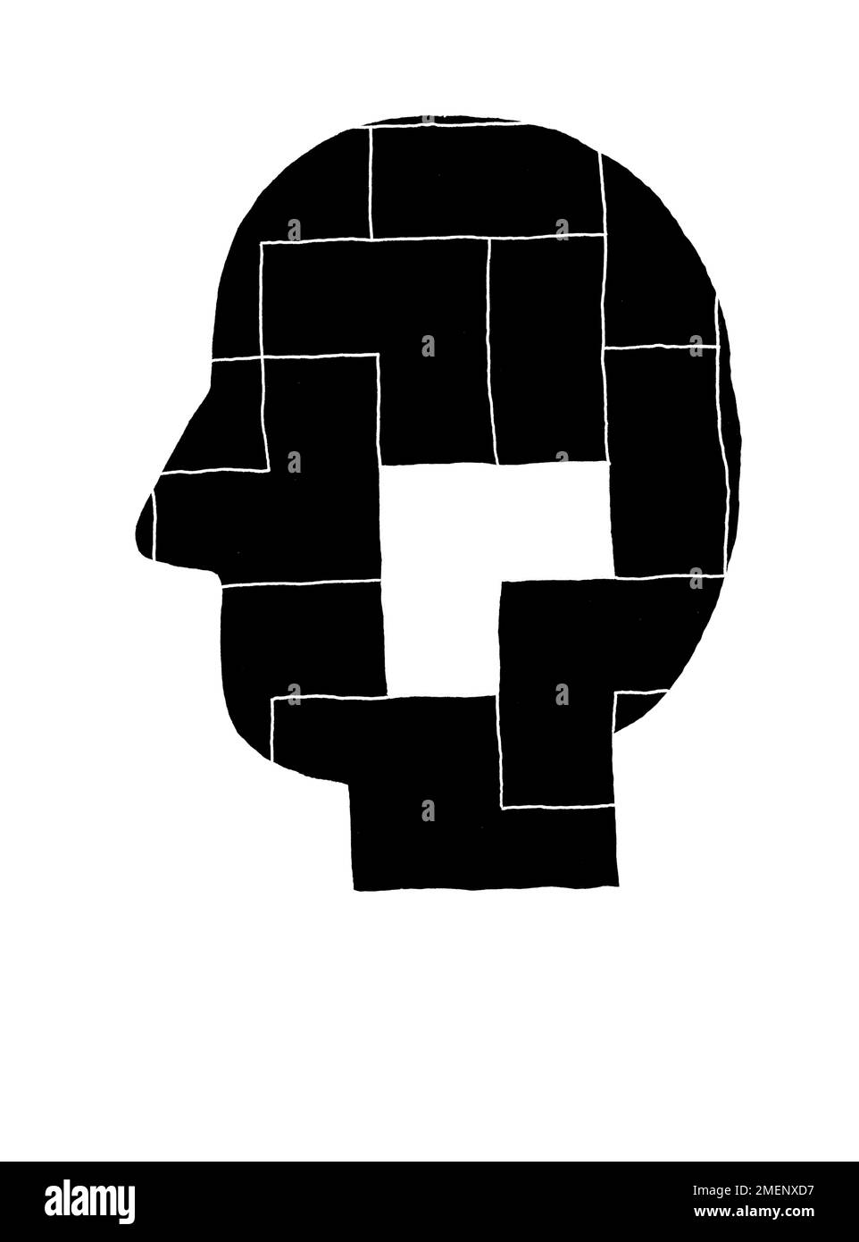 Schwarz-Weiß-Darstellung von unregelmäßigen Mustern am Kopf einer Person Stockfoto