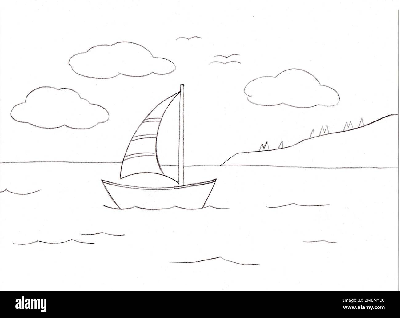 Schritt 4: So zeichnen Sie ein Boot mit Bleistift Stockfoto