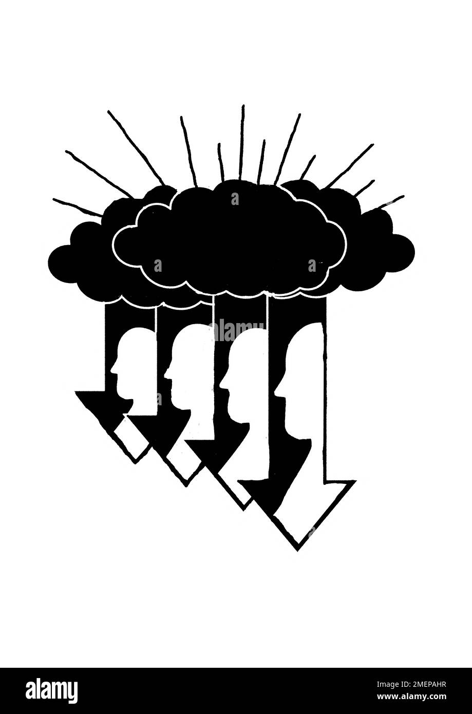 Die Abbildung zeigt vier Pfeile, die von den Wolken nach unten kommen, mit einem Seitenprofil einer Teilfläche in den Pfeilen. Stockfoto