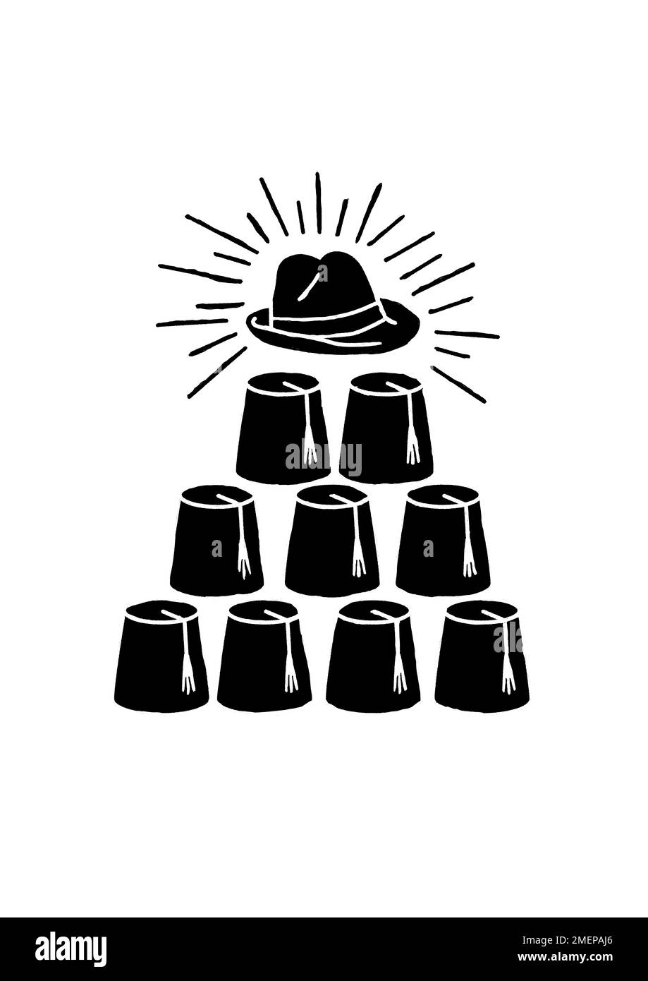 Die Abbildung zeigt eine Pyramide aus fez-Hüten mit einer Fedora oben. Stockfoto