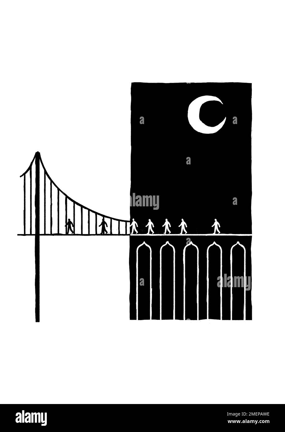 Die Abbildung zeigt Menschen, die von einer Seite der islamischen Brücke auf eine amerikanische Seite der Brücke gehen. Stockfoto