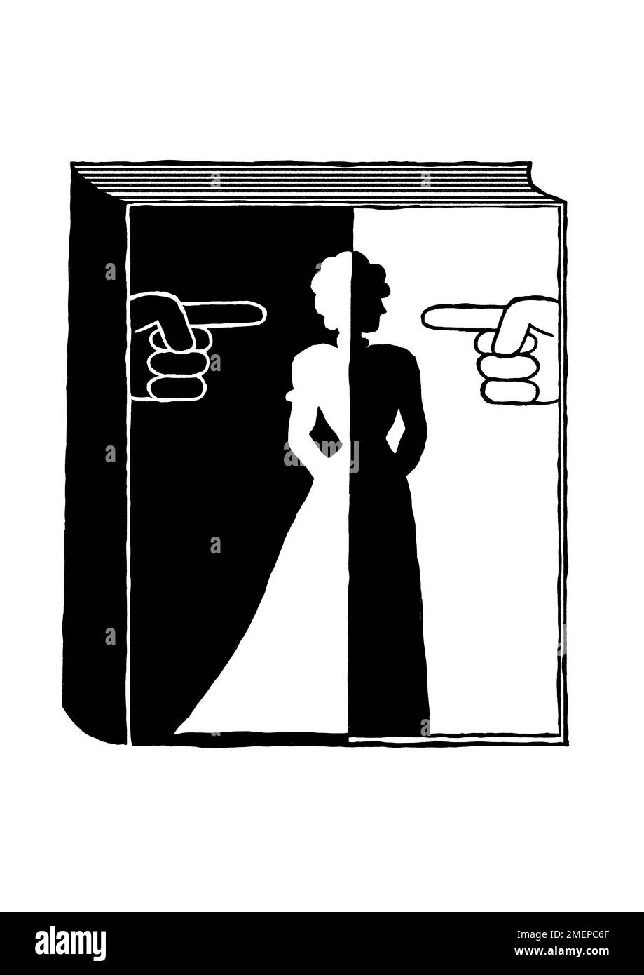 Finger beschuldigen eine Frau, halb schwarz und halb weiß - Gustave Flaubert wurde in seinem Roman "Madam Bovary" wegen Obszönität angeklagt Stockfoto