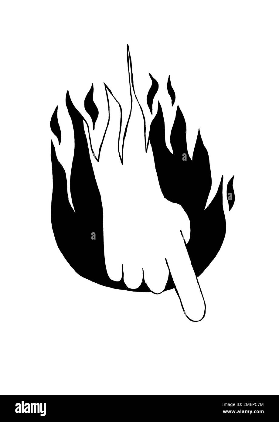 Eine weiße Hand, die aus einem schwarzen Feuer kommt und mit dem Finger zeigt Stockfoto