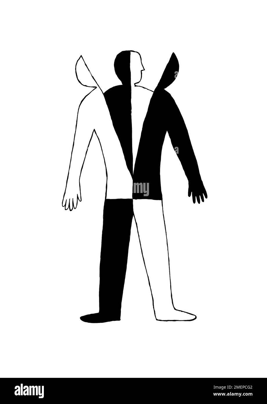 Abbildung eines Mannes, der eine halb weiße und halb schwarze Außenjacke abwirft, um die gleiche Figur auf der Innenseite zu enthüllen - ein Argument gegen die Segregation Stockfoto