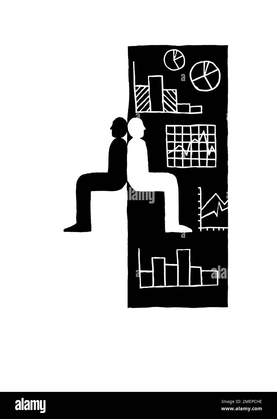 Ein Mann sitzt in einem schmutzigen Raum und ein anderer sitzt in einem Raum voller Diagramme und Piecharts - eine eigene Persönlichkeit Stockfoto