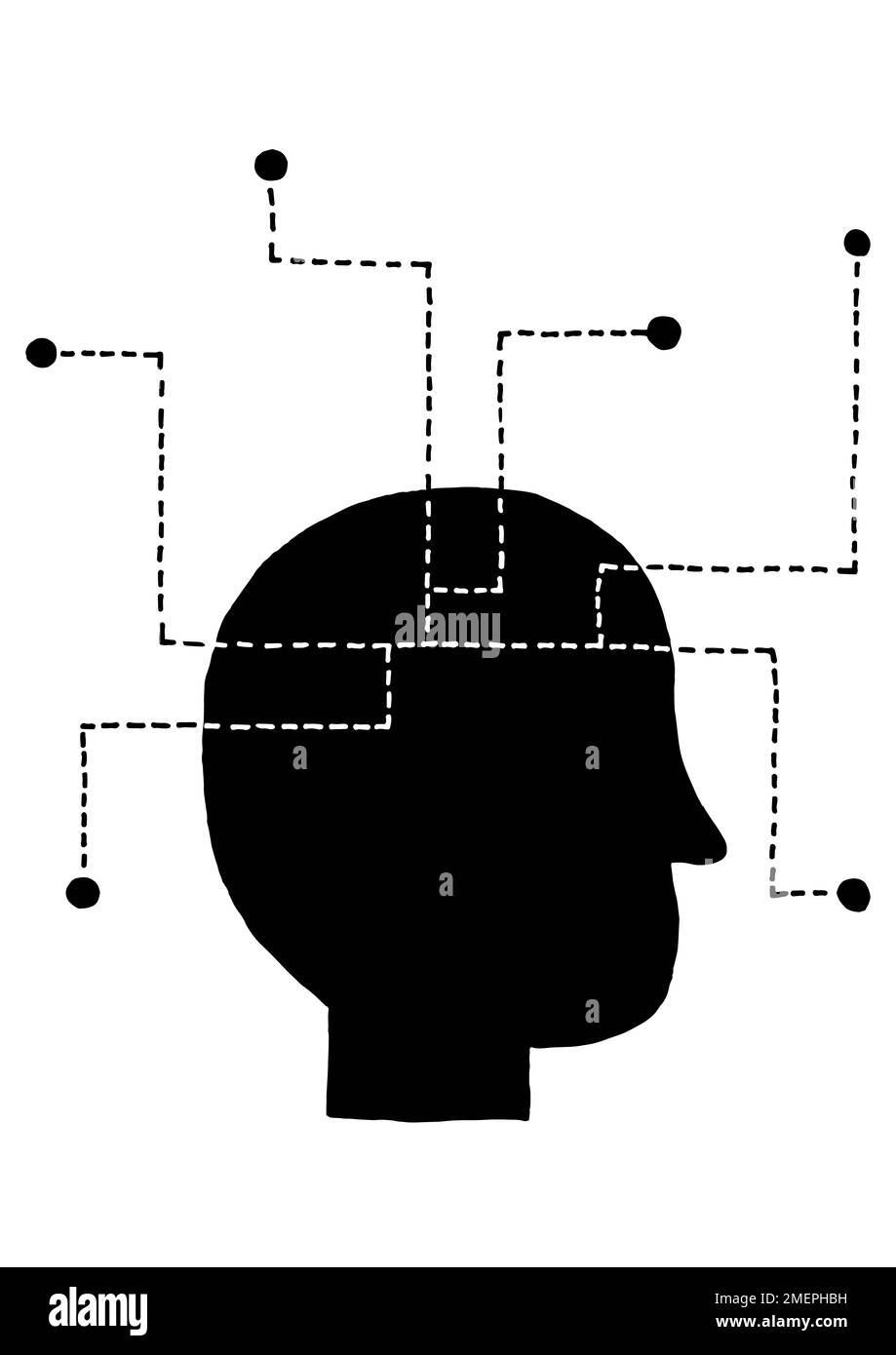 Gesicht im Profil mit mehreren gepunkteten Linien um das Gehirn Stockfoto
