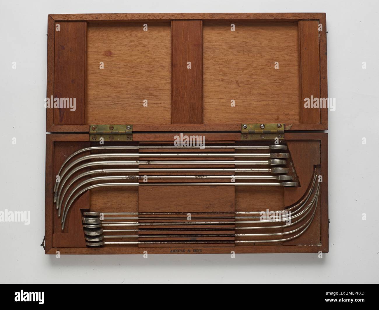 Antikes chirurgisches Instrumentarium für die Harnblase, im Holzkoffer Stockfoto