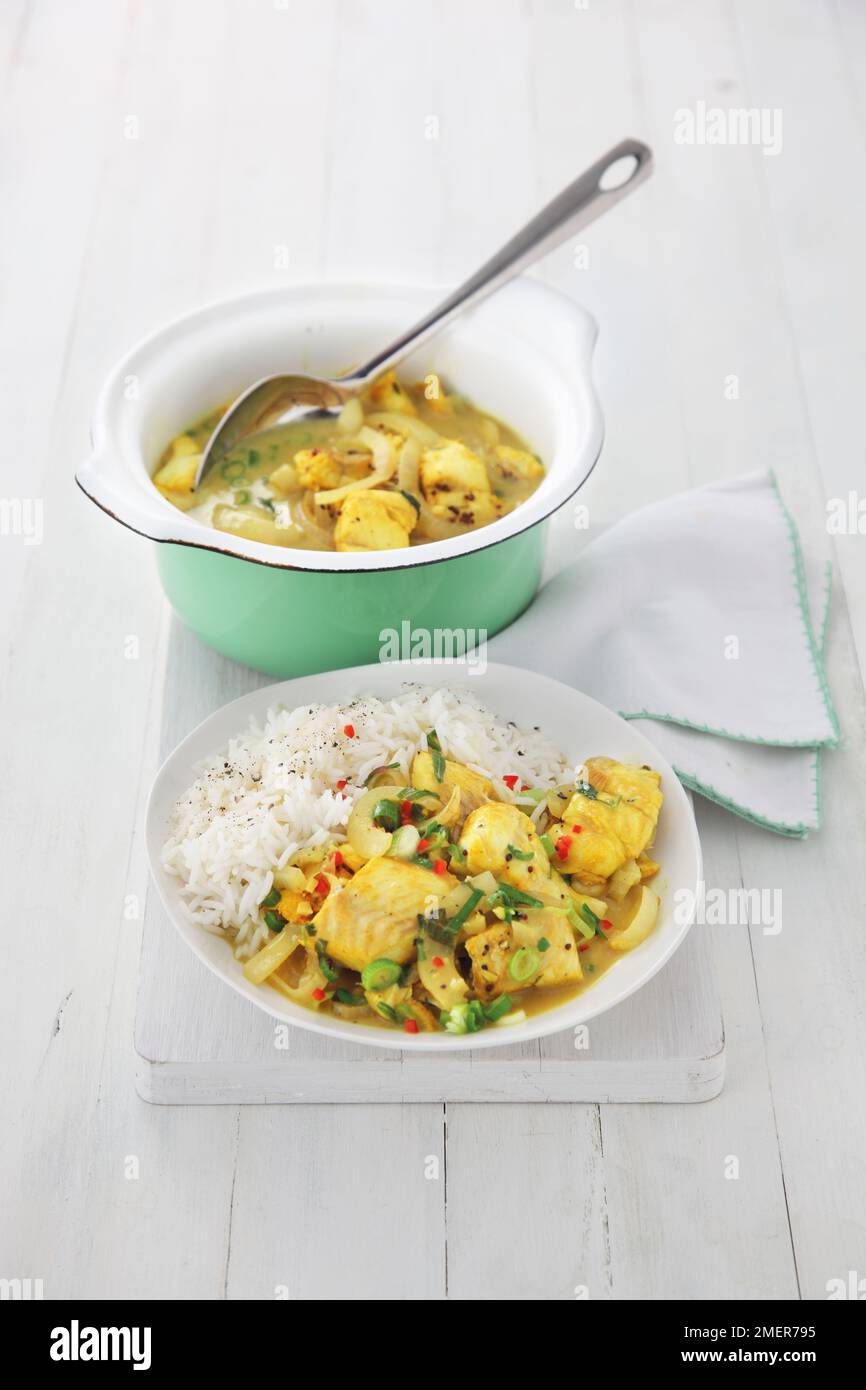 Keralanisches Fischcurry und Reis Stockfoto