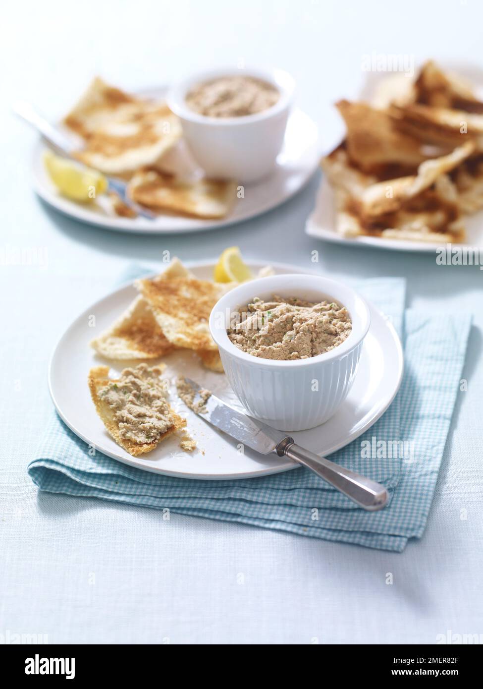 Thunfischpastete und Melba Toast Stockfoto