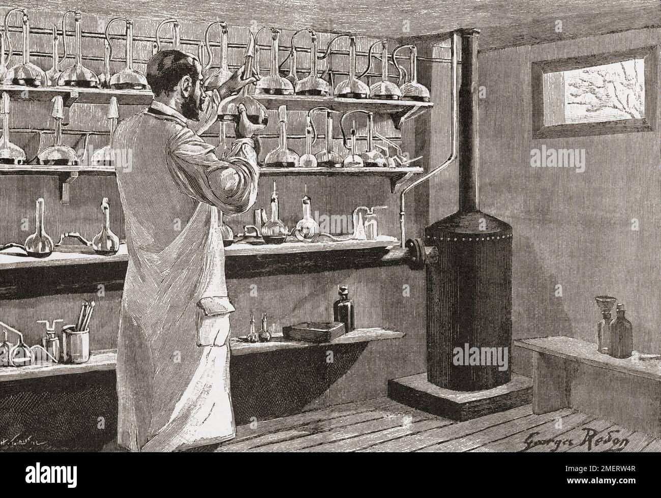 Ein Wissenschaftler, der im späten 19. Jahrhundert an einem Diptherie-Antitoxin arbeitete. Nach einer Illustration in Scientific American, November 1894. Stockfoto
