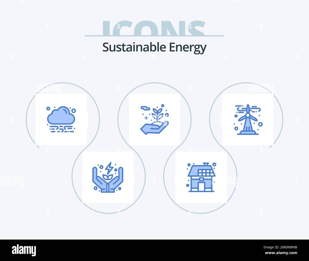 Sustainable Energy Blue Icon Pack 5 Icon Design. Grüne Energie. Schützen. Solarenergie. Blumen. Energie Stock Vektor
