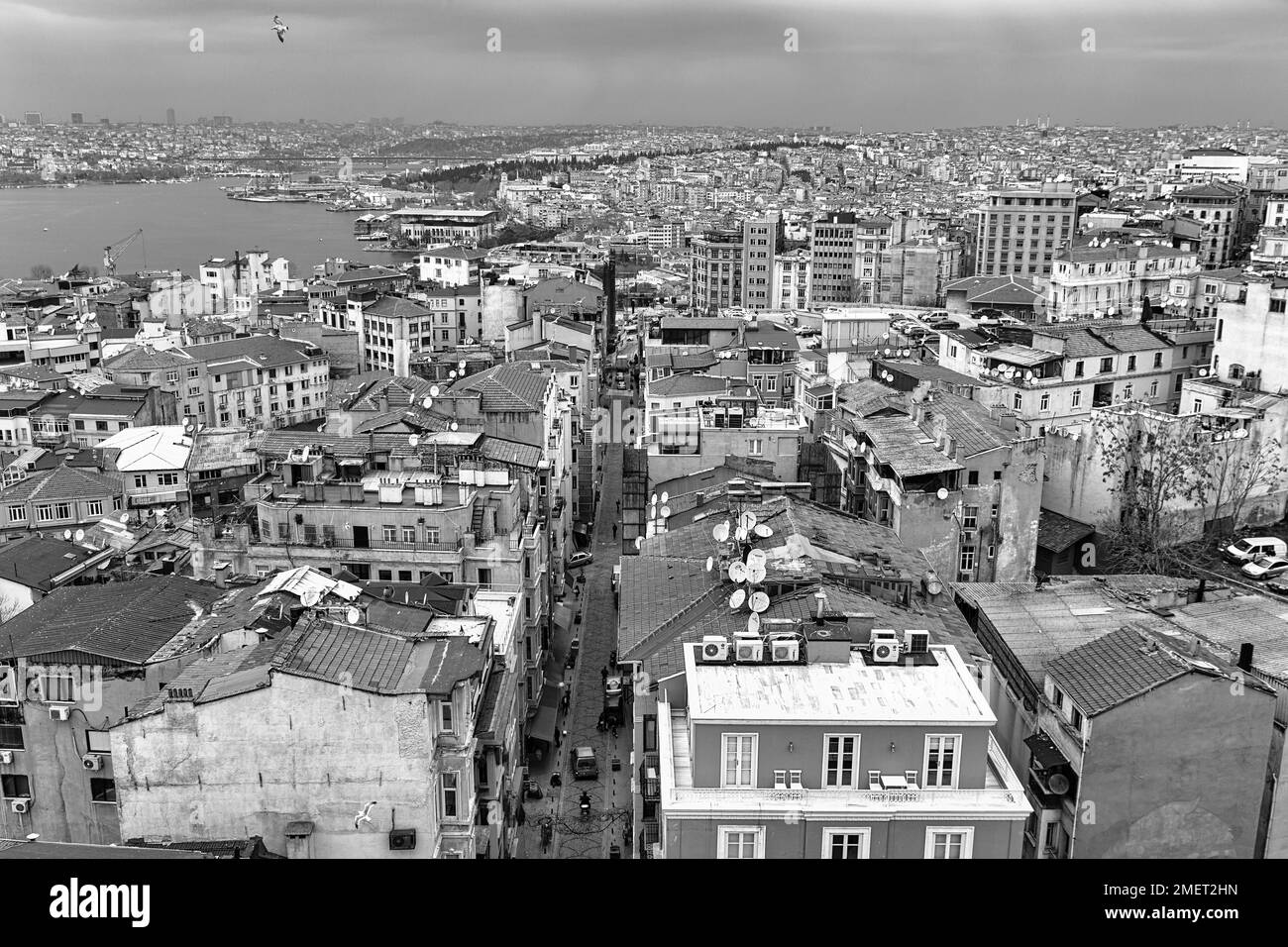 Panoramablick vom Galaturm auf das Meer der Häuser am Goldenen Horn, monochrom, Beyoglu Viertel, Istanbul, Türkei Stockfoto