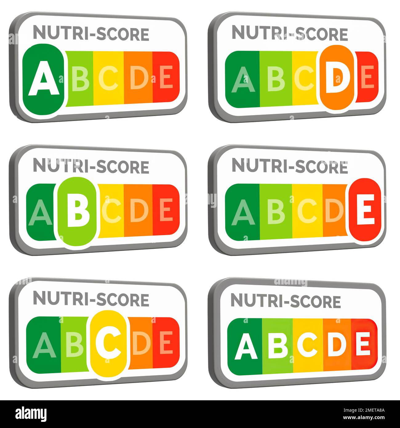 Kennzeichnet A B C D E und neutral des Nährwertkennzeichnungssystems Nutri-Score, das in den meisten Ländern Westeuropas verwendet wird. Schwindende Aussichten Stockfoto