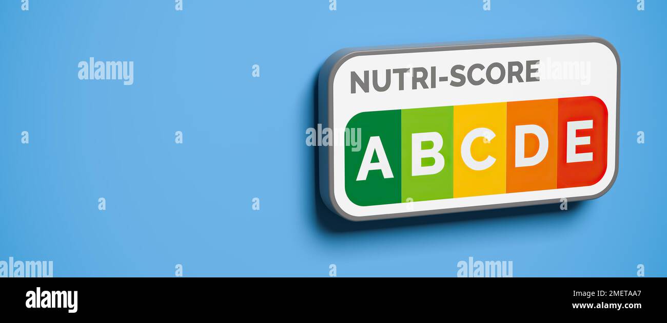 Neutrale Kennzeichnung des Nährwertkennzeichnungssystems Nutri-Score, das in den meisten Ländern Westeuropas verwendet wird. Stockfoto