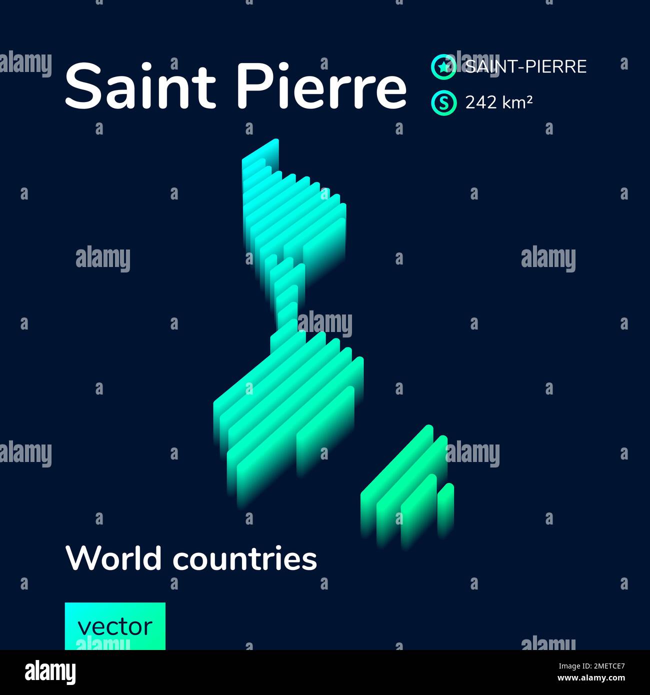 Karte von Saint Pierre 3D. Stilisierte isometrische Neonstreifen-Karte in grünen Farben auf dunkelblauem Hintergrund Stock Vektor