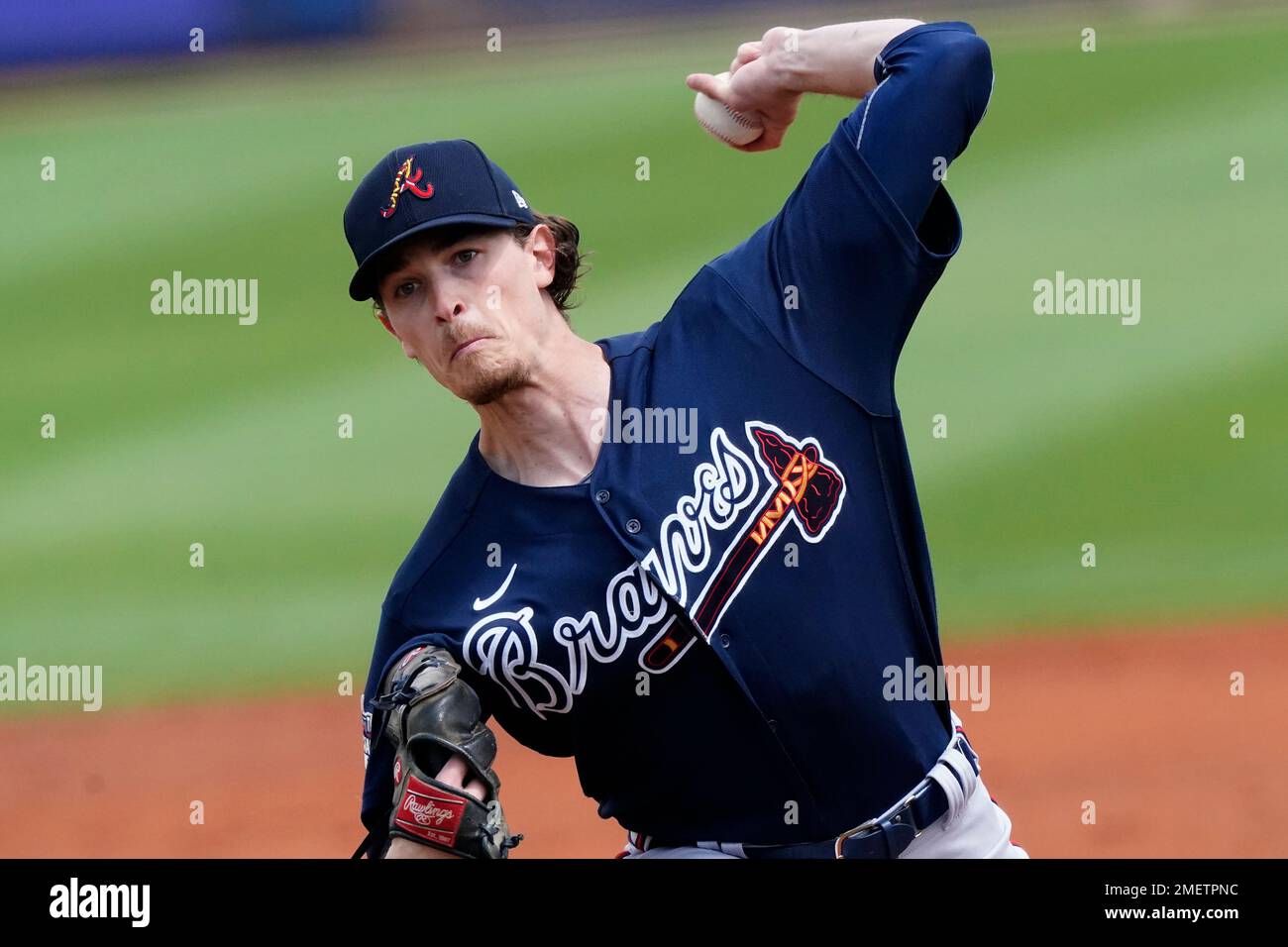 FILE - Atlanta Braves starting pitcher Max Fried works against the Tampa Bay Rays in a spring training baseball game in Port Charlotte, Fla., in this Sunday, March 21, 2021, file photo. Lucas Giolito, Max Fried and Jack Flaherty were teammates nine years ago at Harvard-Westlake, a prestigious prep school in Los Angeles. On Thursday, April 1, all three will be opening day starting pitchers in the major leagues. (AP Photo/John Bazemore, File) Stockfoto