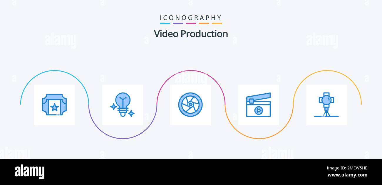 Videoproduktion Blue 5 Icon Pack inklusive Filme. Licht. Tippen Sie auf. Film. Medien Stock Vektor