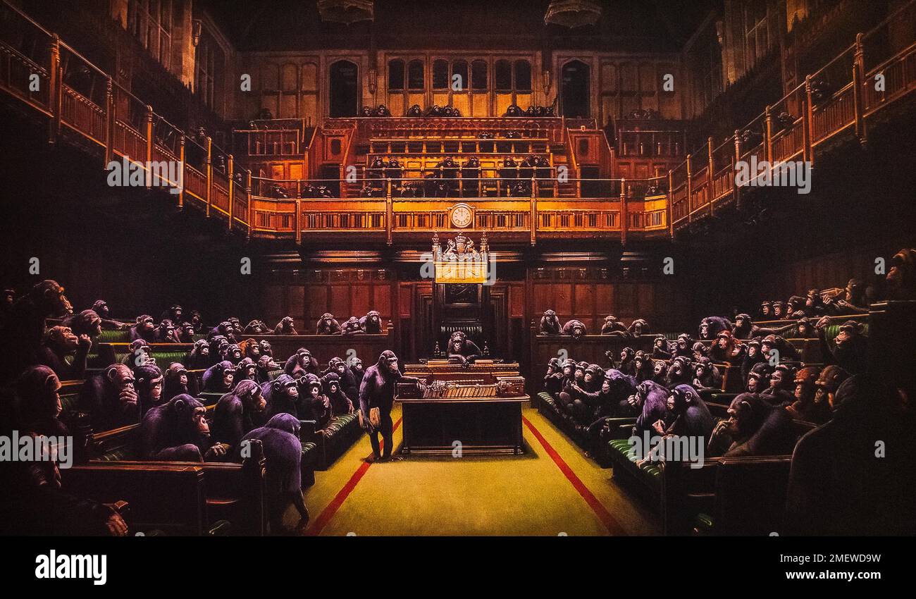 Dezentralisiertes Parlament, 2009, Satire in der Diskussionskammer des britischen Unterhauses, Banksy, Ausstellung über den Straßenkünstler Muelheim Stockfoto