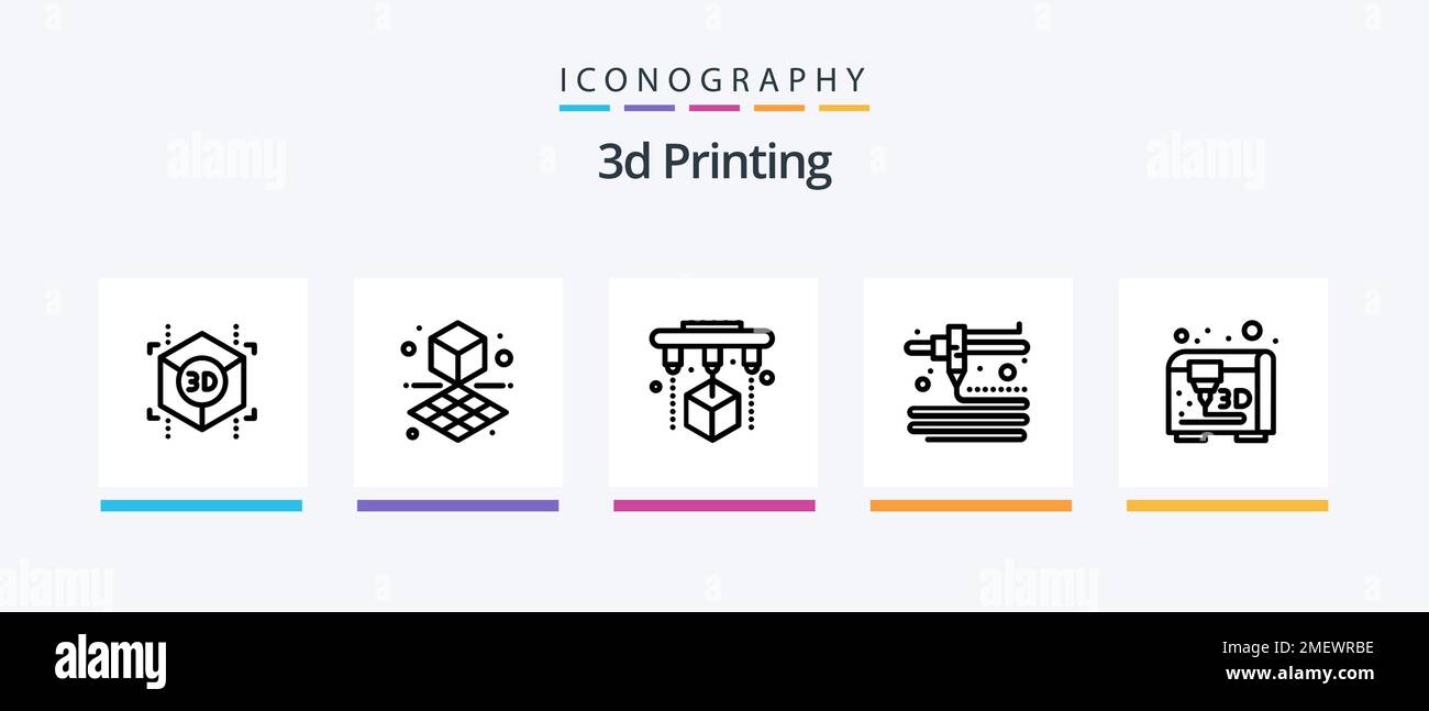 3D Druckzeile 5 Symbolpaket einschließlich Drucker. Schicht. Modellierung. Drucken. d. kreatives Symboldesign Stock Vektor
