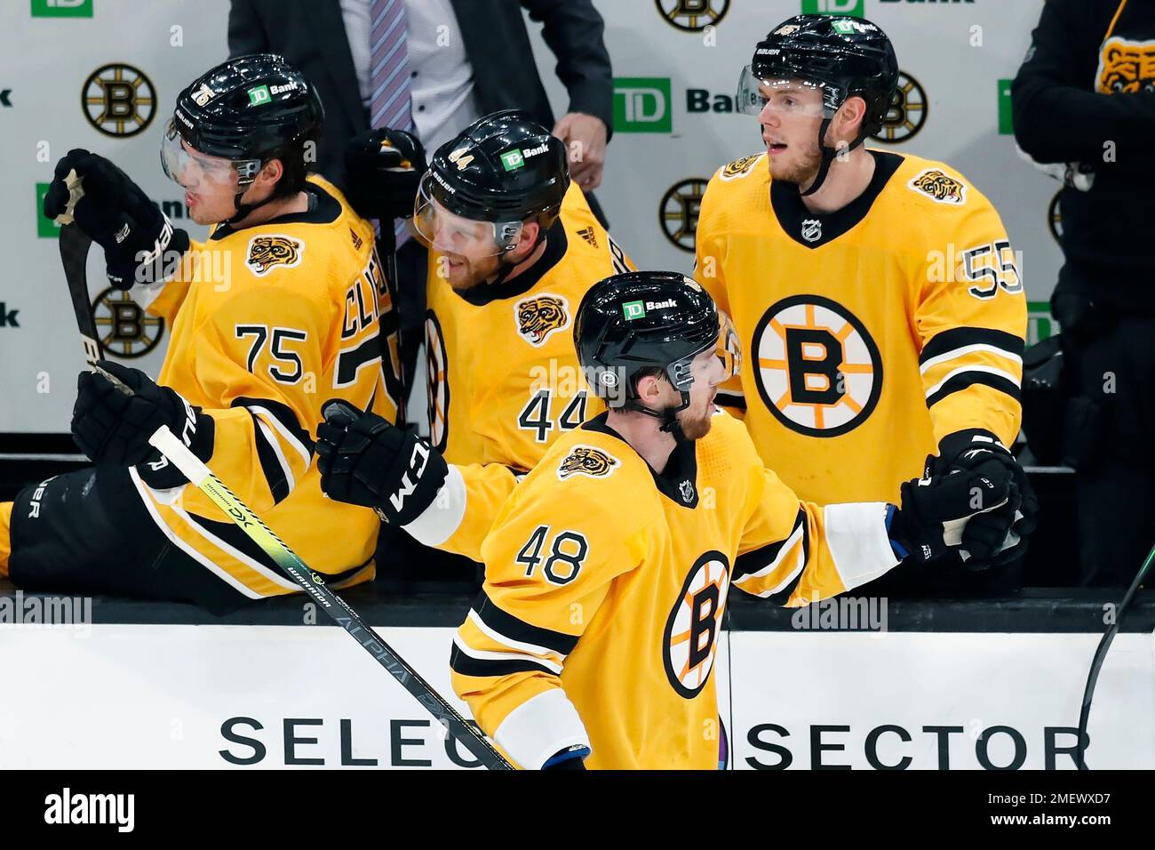 Boston Bruins' Matt Grzelcyk (48) celebrates his gaol during the second period of an NHL hockey game against the Buffalo Sabres, Saturday, March 27, 2021, in Boston. (AP Photo/Michael Dwyer) Stockfoto