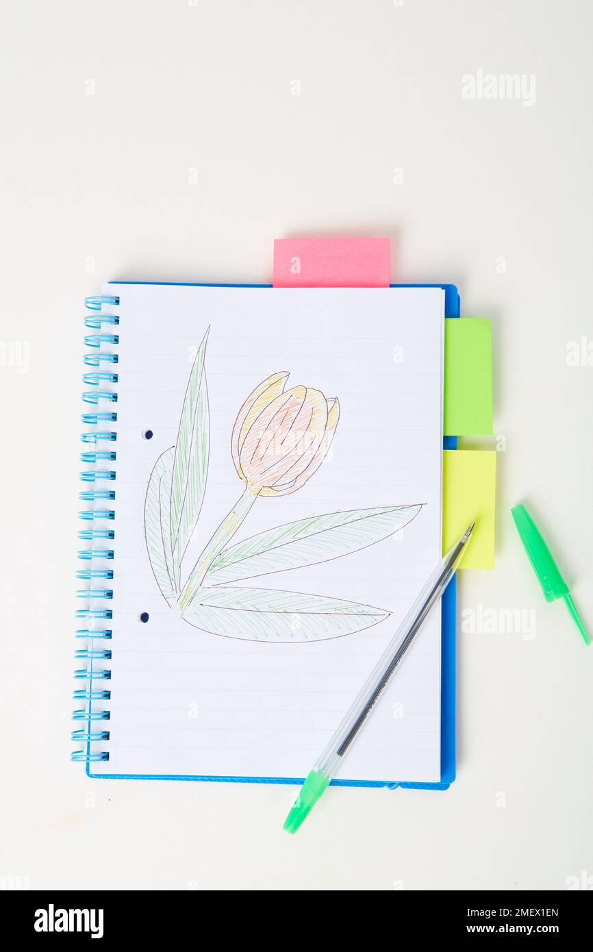 Großes Notizbuch mit Blumenzeichnung auf der offenen Seite Stockfoto