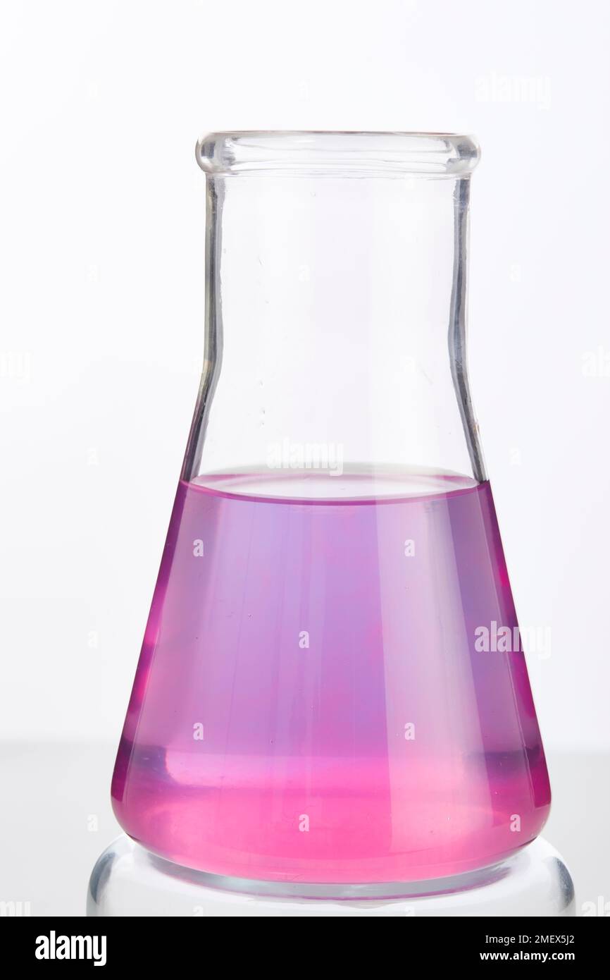 Wissenschaftsexperiment, Trank, bunter Trank, Flüssigexperiment, Flasche, Violette Flüssigkeit, rosa Flüssigkeit, Farbwechselflüssigkeit, Zaubertrank, halloween, Wissenschaftler Stockfoto