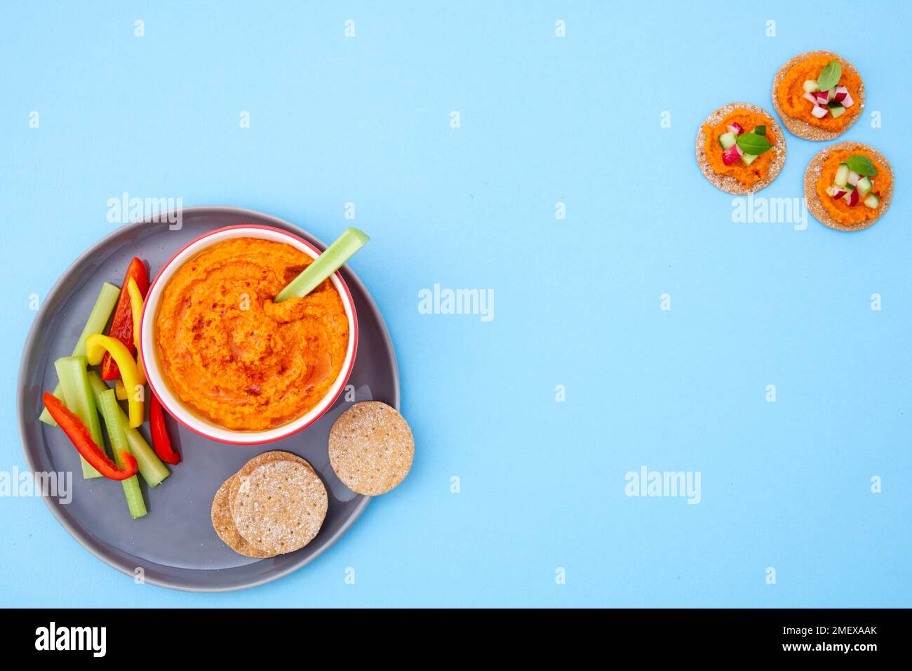 Gericht mit rotem Pfefferdip mit Crackern und Gemüsearmpern Stockfoto