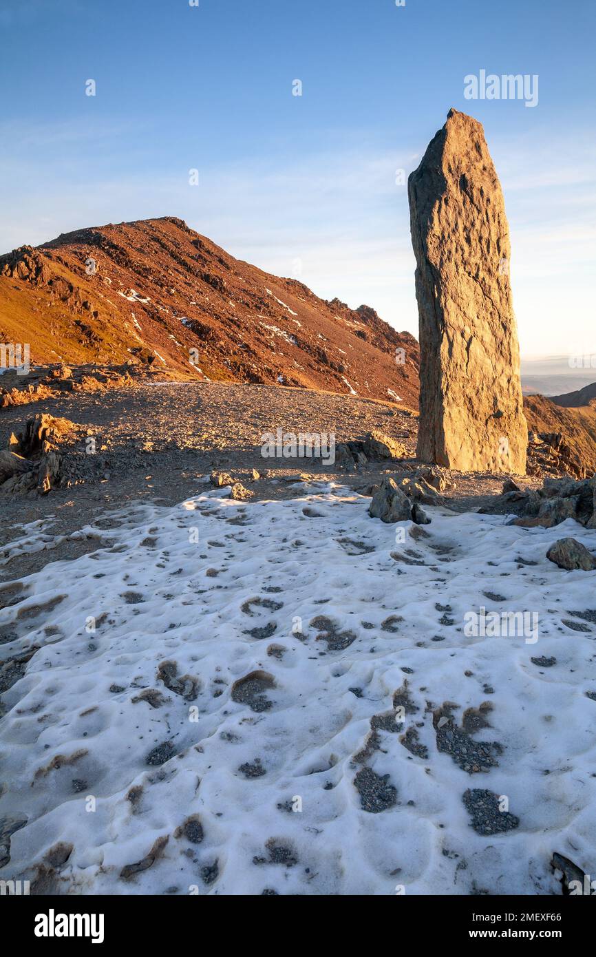 Markierungsstein auf dem Bergarbeiterpfad, Snowdon, Wales Stockfoto