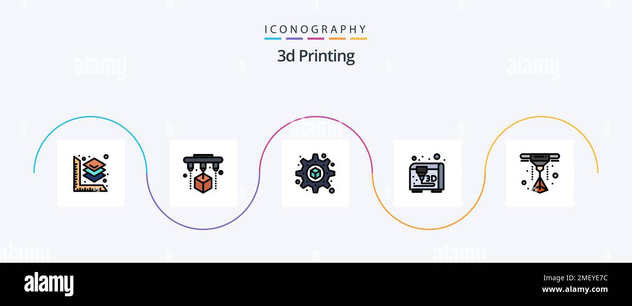 3D-Symbolpaket mit gefüllter Linie für 5-Druck, einschließlich Drucker. Drucken. Laser. Drucken Stock Vektor