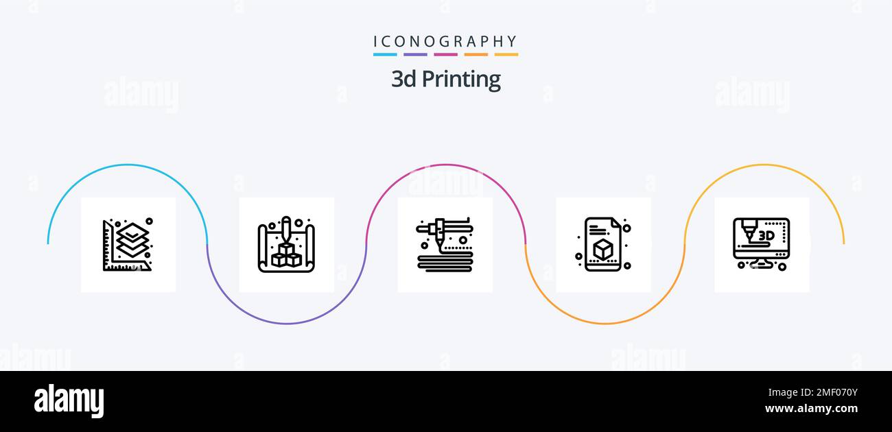 3D Druckzeile 5 Symbolpaket mit . Drucker. Modellierung. 3D. Drucken Stock Vektor