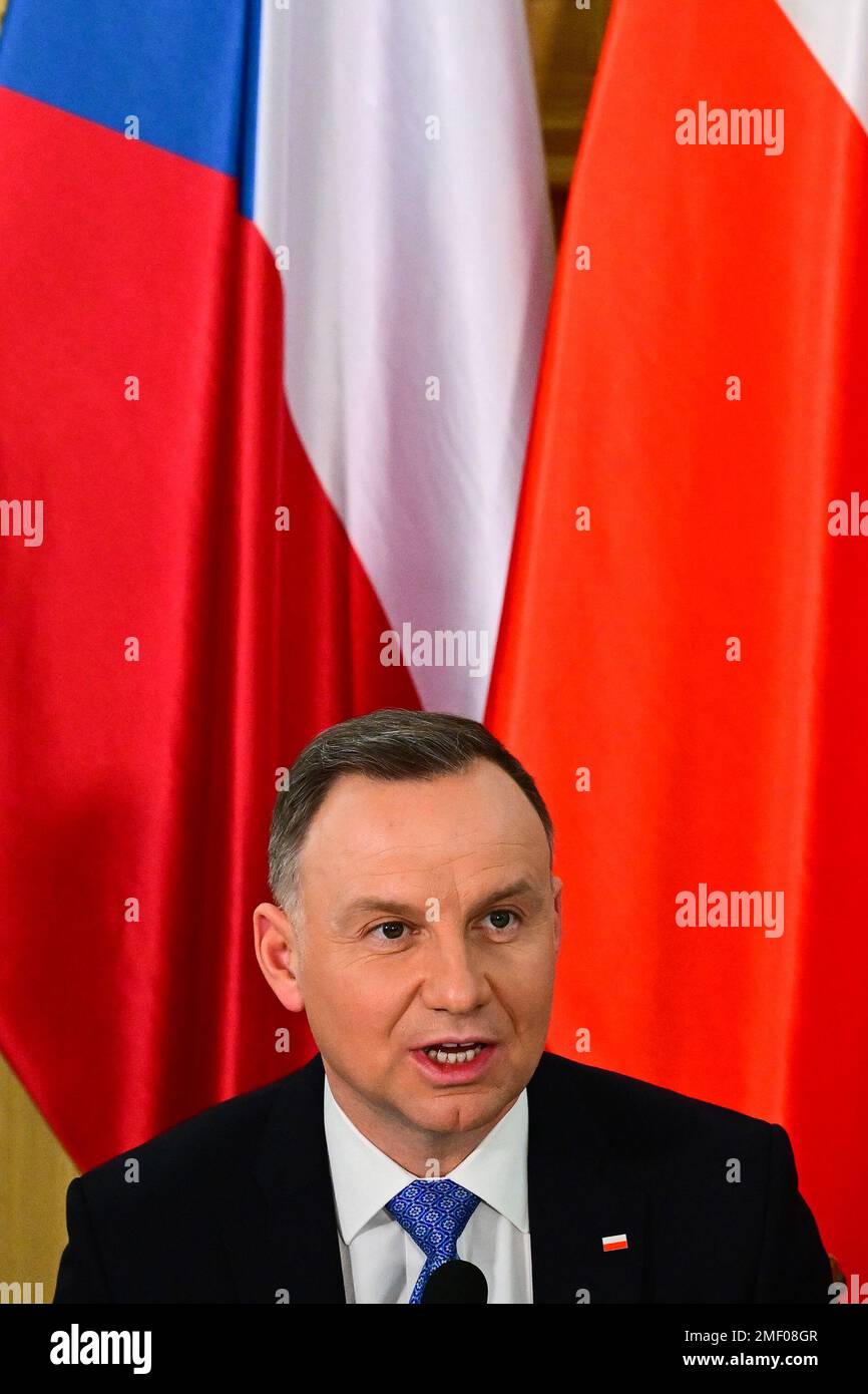 Nachod, Tschechische Republik. 24. Januar 2023. Polnischer Präsident Andrzej Duda während der Pressekonferenz nach dem Treffen mit dem tschechischen Präsidenten Milos Zeman am 24. Januar 2023 in Nachod (Tschechische Republik). Kredit: David Tanecek/CTK Photo/Alamy Live News Stockfoto