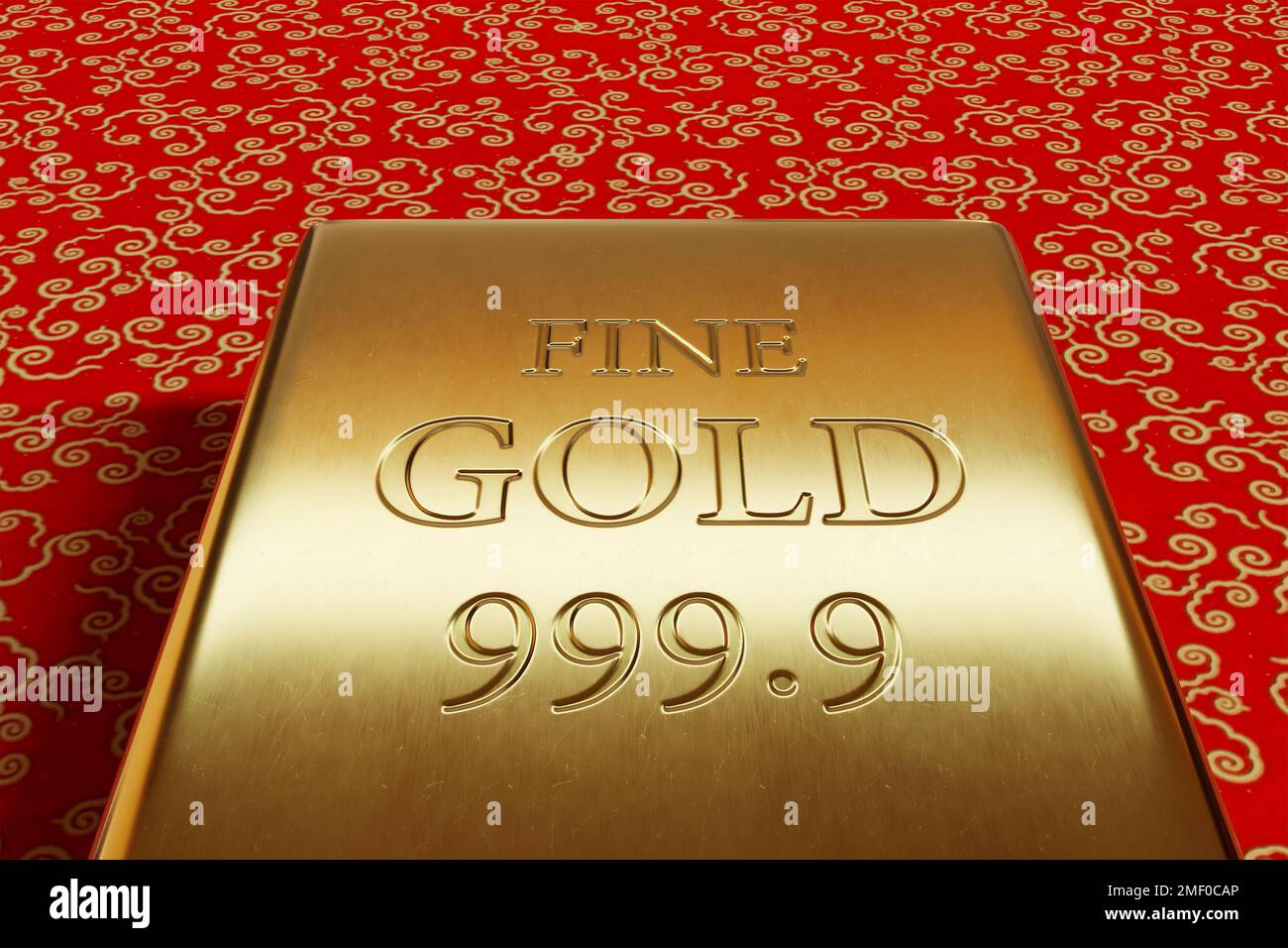 Goldbarren auf rotem Hintergrund mit goldenen Wolkenmustern. Veranschaulichung des Konzepts von Vermögen, Edelmetallerzeugnissen und Investitionen Stockfoto