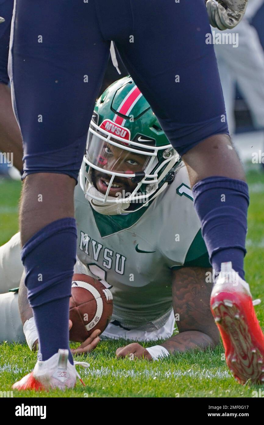 Mississippi Valley State quarterback Jalani Eason (1) looks up after
