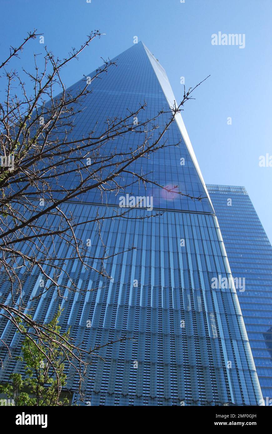 Das One World Trade Center in der Fulton Street 285 in Lower Manhattan, New York City, NY, USA, liegt im Grünen Stockfoto