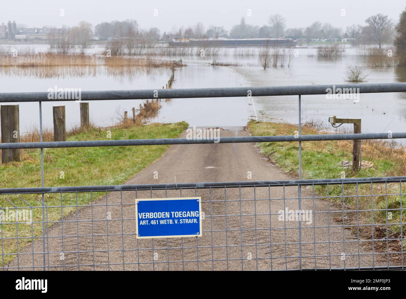 Olst Wijhe, Niederlande - 21. Januar 2023: Hochwasser im Fluss IJssel bei Olst Wijhe in Overijssel in den Niederlanden Stockfoto