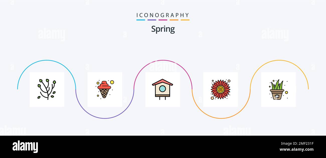 Spring Line Filled Flat 5 Icon Pack mit Topf. Garten. Vogel. Blumen. Sonne Stock Vektor