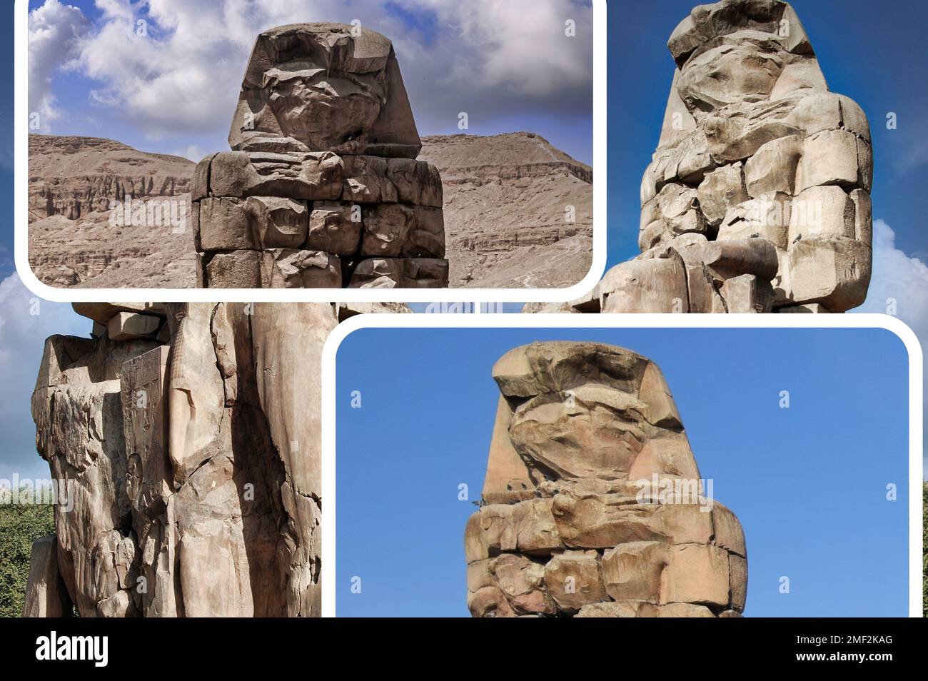 In der Stadt Luxor gibt es zwei riesige Zwillingsstatuen, die Memnonkolosse, die den Pharao Amenhotep III repräsentieren und vor seinem Begräbnis stehen Stockfoto