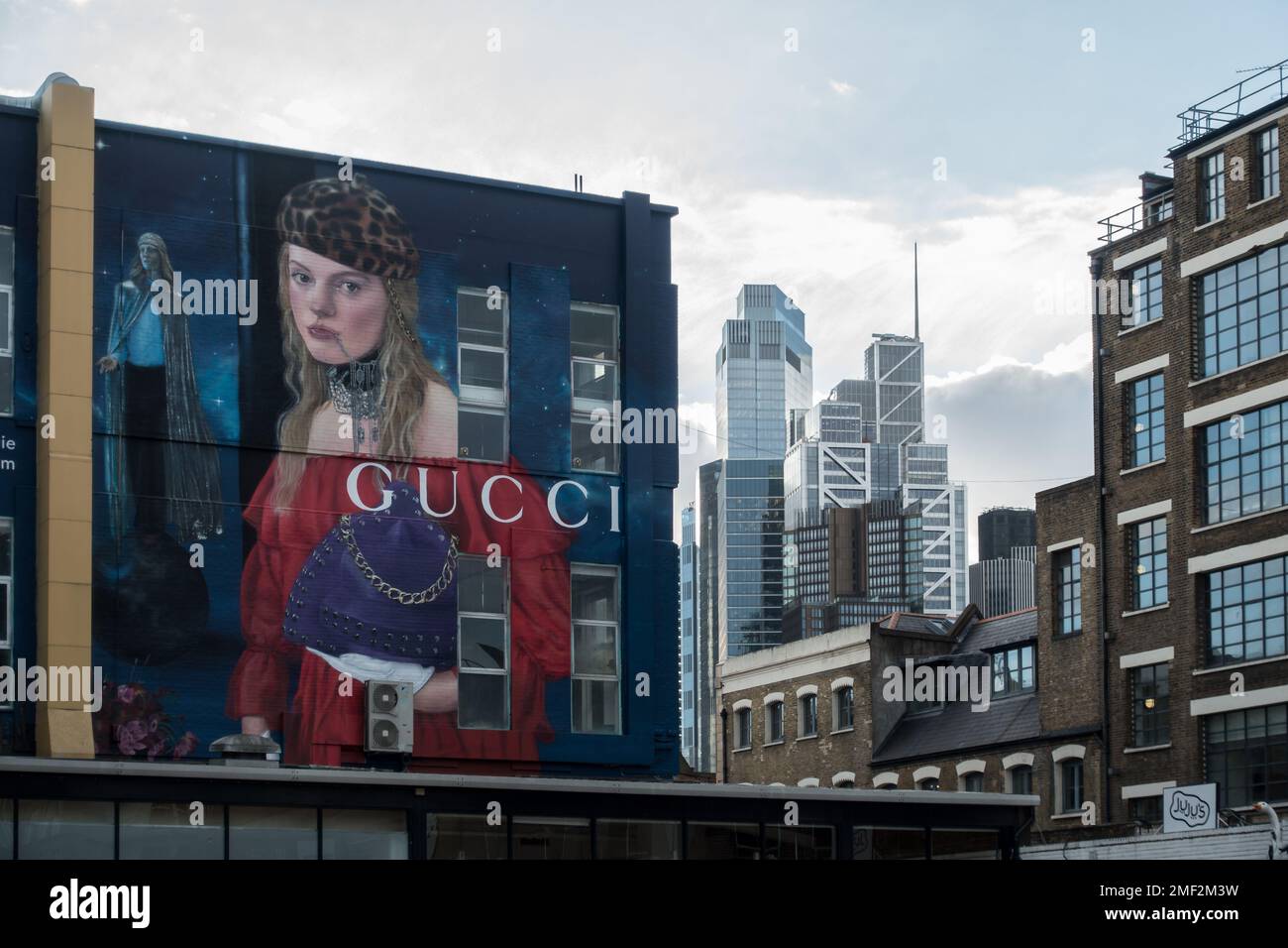 Londons Square Mile City Gebäude von Brick Lane, Shoreditch aus gesehen Stockfoto