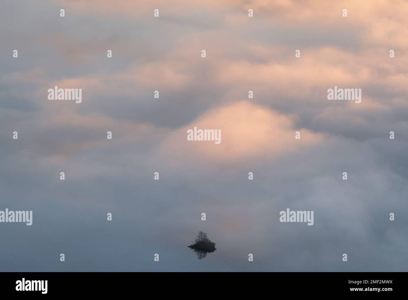 Kleine Insel auf einem See, isoliert vor einer traumhaften Wolkeninvertierung bei Derwentwater im Lake District, Großbritannien. Minimalistische Landschaften Großbritanniens. Stockfoto