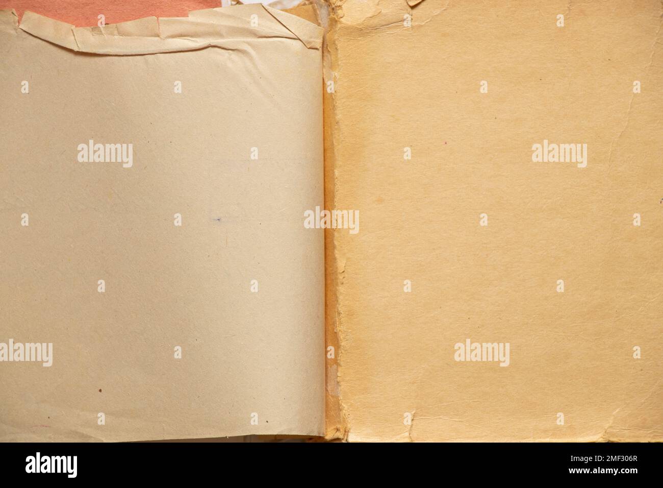 Gelbes altes offenes Buch als Hintergrund, leerer Buchplatz für Text Stockfoto