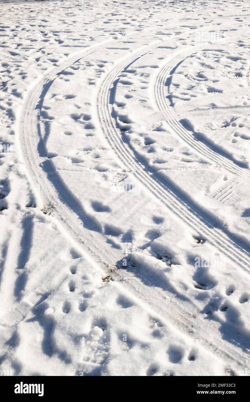 abdruck eines LKW-Reifens auf der verschneiten Straße im Winter Stockfoto