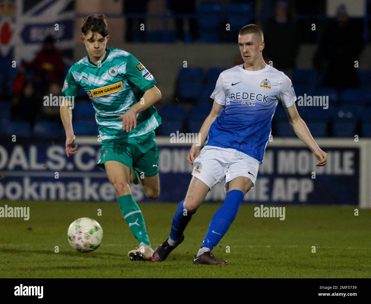 Mourneview Park, Lurgan, County Armagh, Nordirland, Vereinigtes Königreich. 24. Januar 2023 Danske Bank Premiership – Glenavon gegen Cliftonville Action vom heutigen Spiel im Mourneview Park (Glenavon in Blau). Sean Moore (links) und Aaron Rodgers in Aktion. Kredit: CAZIMB/Alamy Live News. Stockfoto