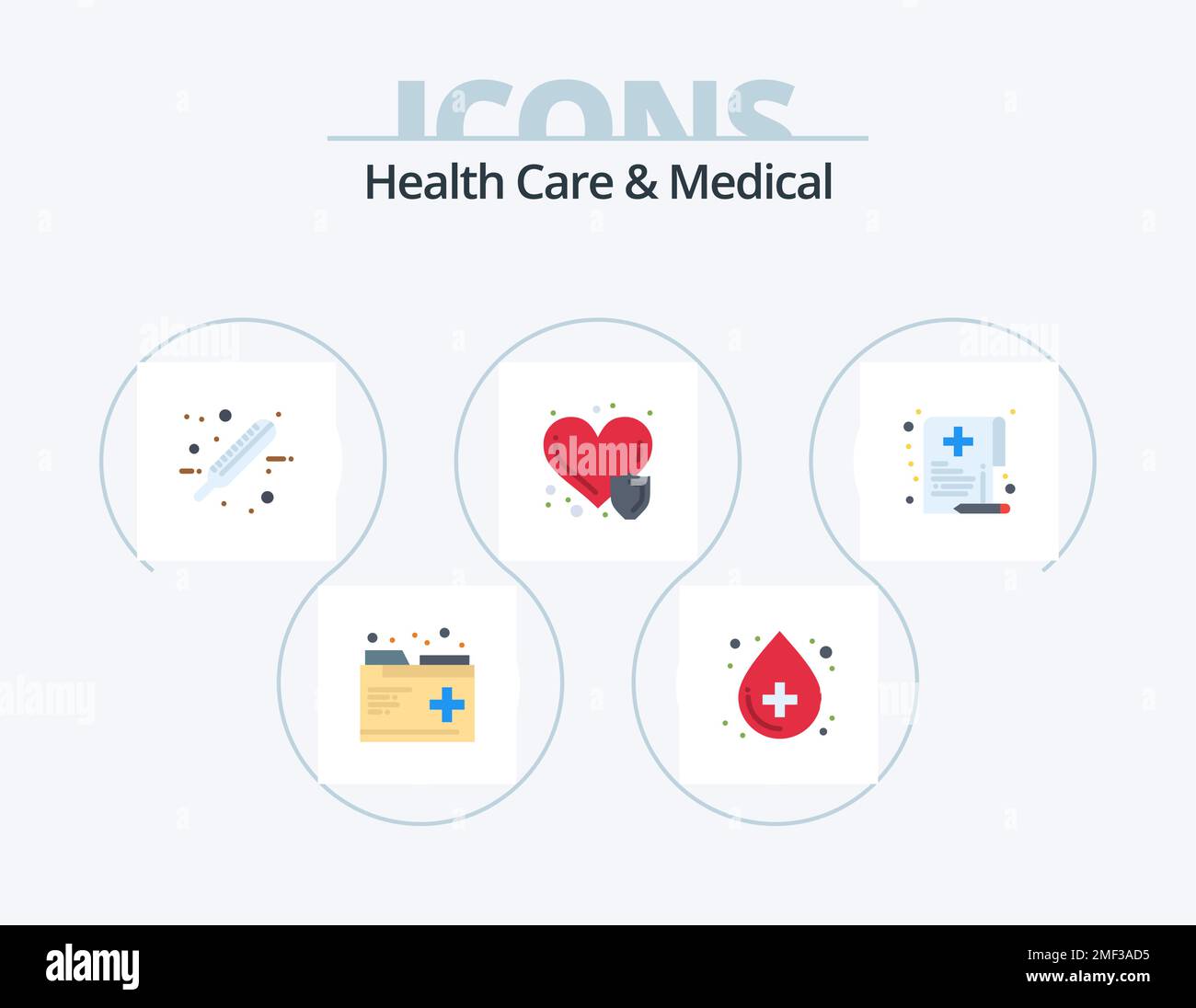 Health Care And Medical Flat Icon Pack 5 Icon Design. Gesundheit. Versicherungen. Pflege. Herzerkrankungen. Gesundheitsfürsorge Stock Vektor