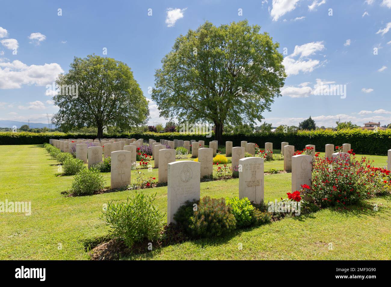 Grabsteinenreihen auf dem Foiano della Chiana Commonwealth war Cemetery im Sommer, Toskana, Italien. Stockfoto