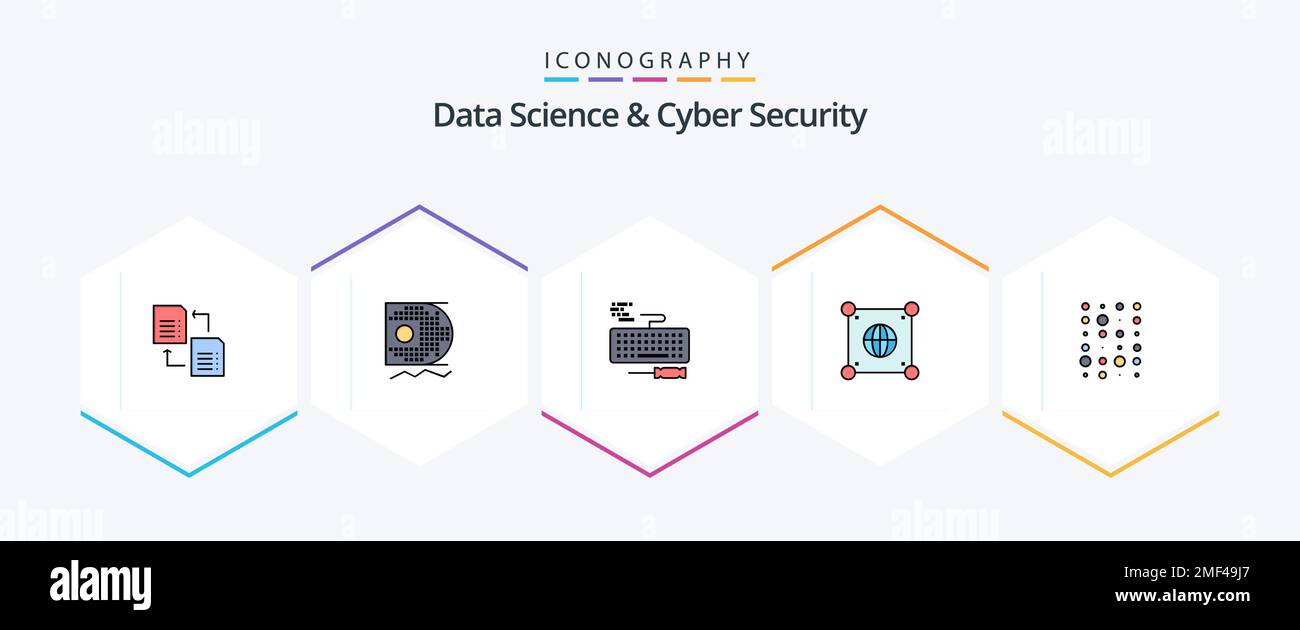 Data Science und Cyber Security 25 FilledLine Symbolpaket mit Daten. Scrince. Schlüssel. Welt. Globus Stock Vektor