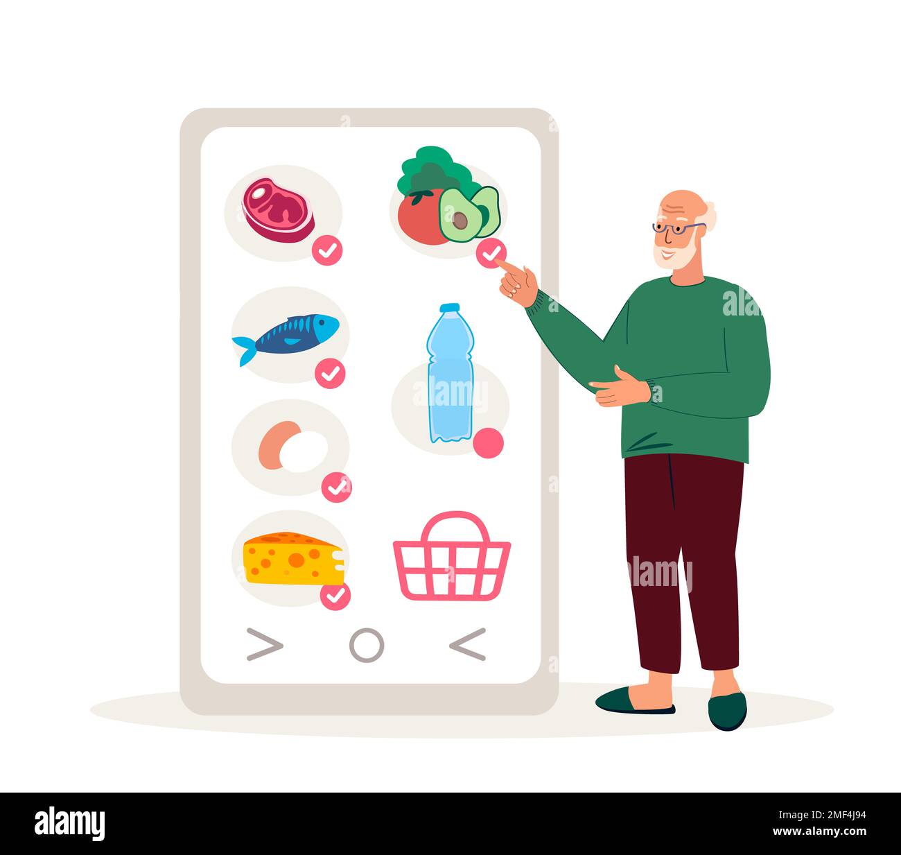 Rentner im Alter, Großelternmann, der online einkauft. Rentner kaufen Lebensmittel, Mahlzeiten, wählen auf dem Smartphone-Bildschirm. Internetmarkt.Kaufen Stockfoto