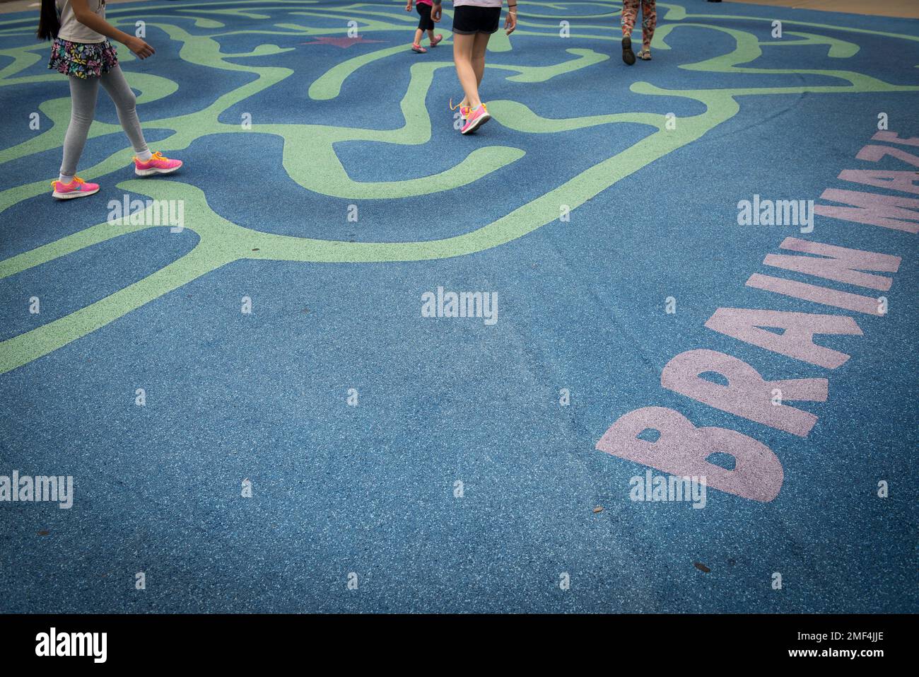 Kinder, die auf einem hirnförmigen Labyrinth laufen, das auf dem Boden  gemalt wurde Stockfotografie - Alamy