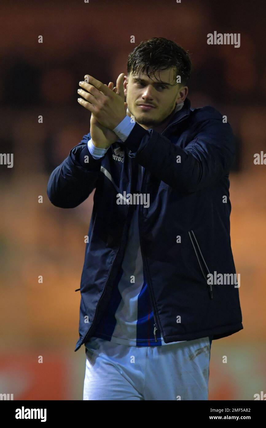 Carlisle, Großbritannien. 24. Januar 2023Carlisle, Großbritannien. 24. Januar 2023. Edon Pruti von Hartlepool United während des Spiels der Sky Bet League 2 zwischen Carlisle United und Hartlepool United in Brunton Park, Carlisle, am Dienstag, den 24. Januar 2023. (Kredit: Scott Llewellyn | MI News) Kredit: MI News & Sport /Alamy Live News Stockfoto
