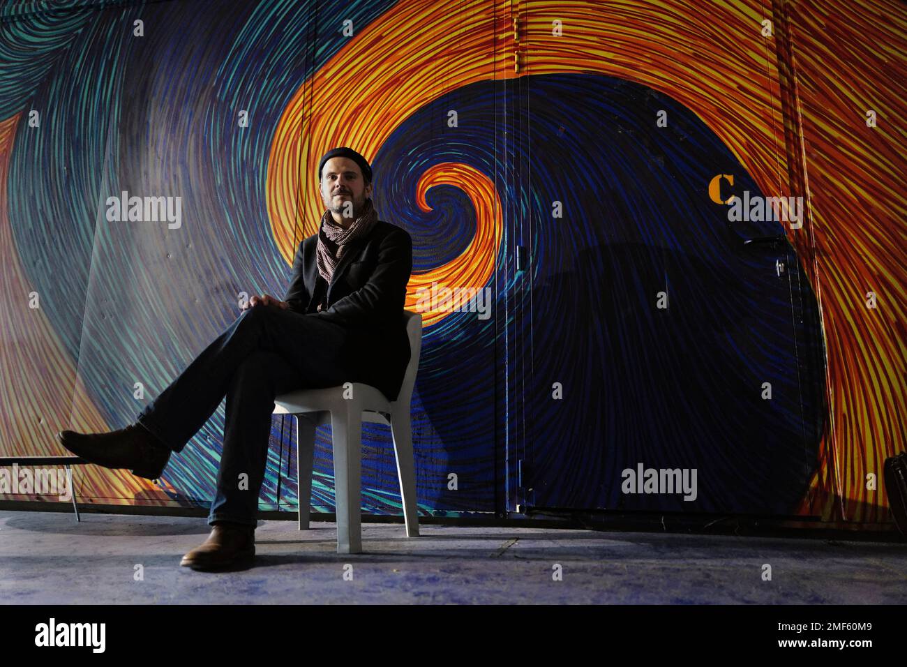 French choreographer and co-director of Grenoble's National Choreographic Center, Yoann Bourgeois attends interviews during the BIAC, International Circus Arts Biennale, in Marseille, south of France, Wednesday, Feb. 3, 2021. (AP Photo/Francois Mori) Stockfoto