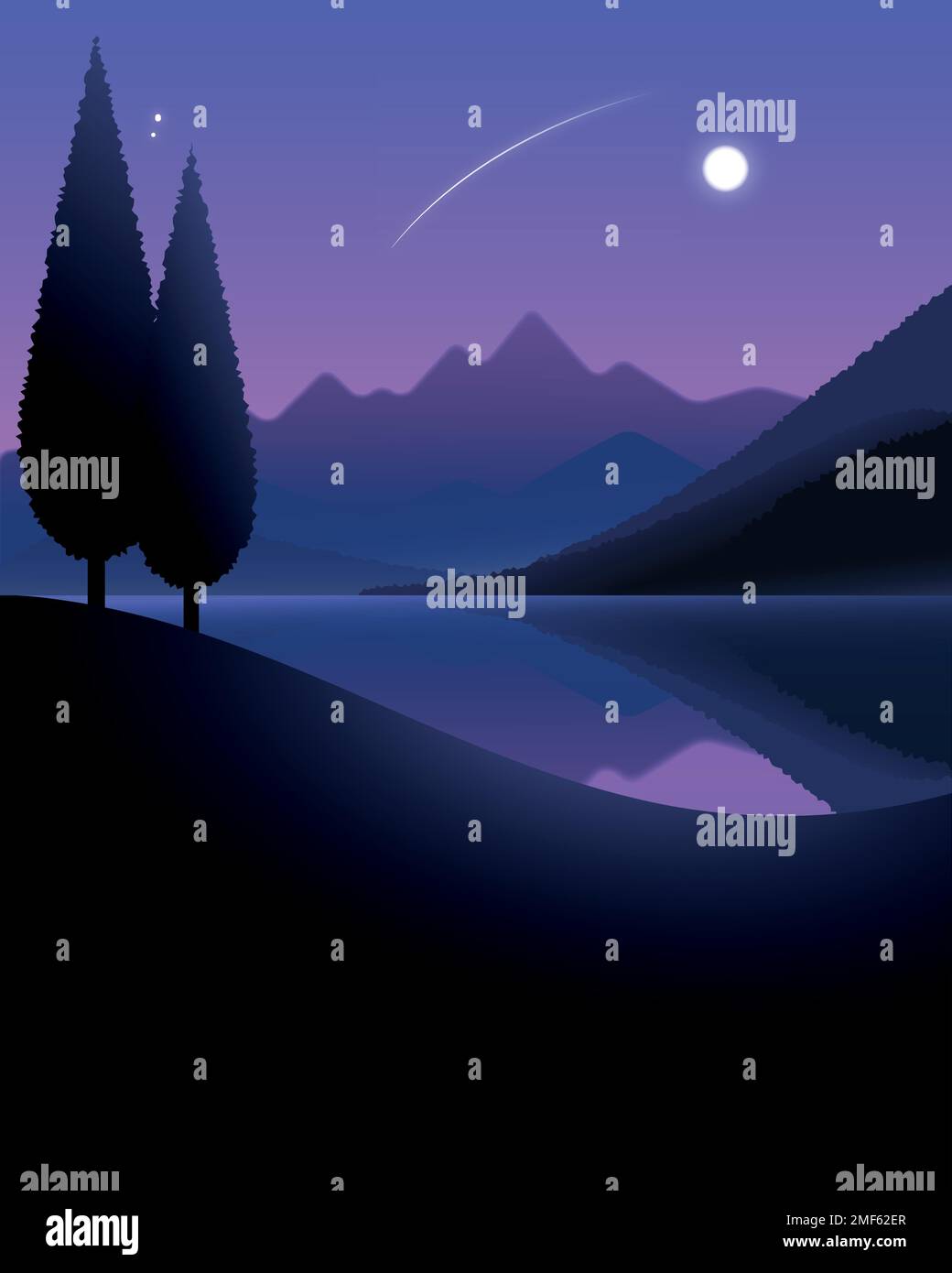 Nachtlandschaft des Sees und Berge unter dem Mond mit Bäumen im Vordergrund. Vektordarstellung. Stock Vektor